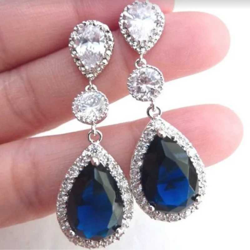 Fashion Jewelry Ladies Blue White Water Drop Shaped Crystal Rhinestone Zircon Metal Dangle Earring for Women Party Jewelry Y250510
