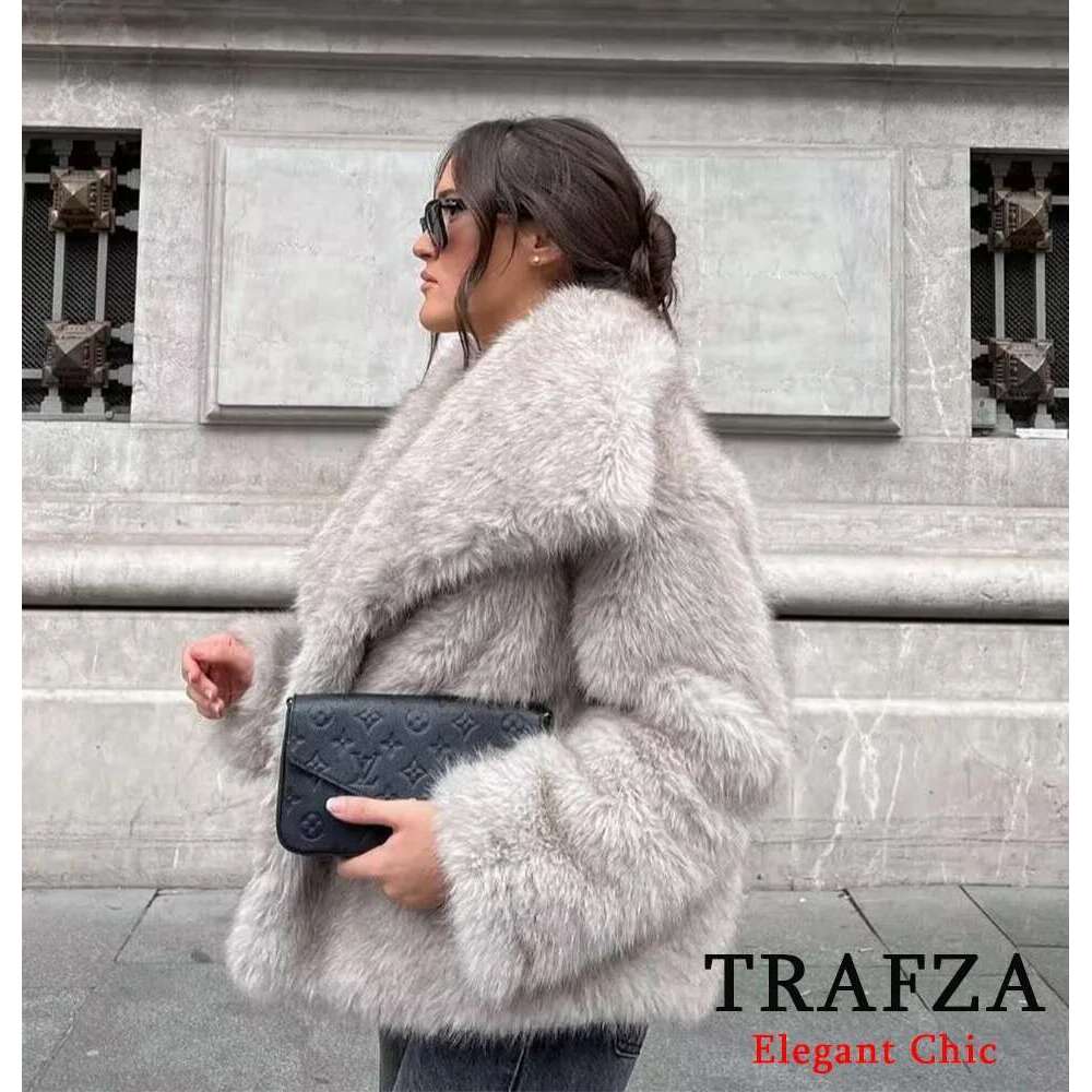 Trafza-Women Fashion Solid Big Lapel Faux Fur Jacket New 2025 Autumn Winter Slouchy Bury Black Gray Coat Designer