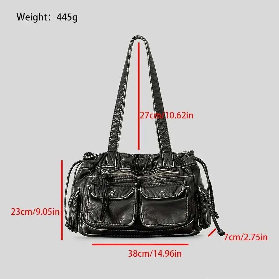 Punk Multiple Pockets Motorcycle Bag Retro Drawsting Women Shoulder Bags Soft Pu Leather Handbags Large Tote Shopper Purses Y2k