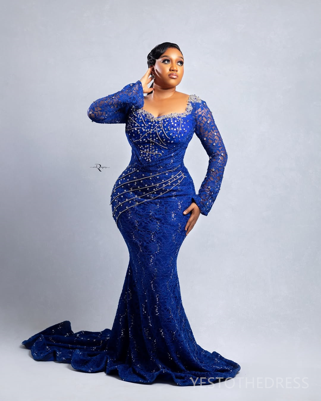 2025 Plus Size Royal Blue Aso Ebi Prom Dress Mermaid Prom Dresses Evening Formal Gowns Long Sleeves Bead Lace Rhinestone Birthday Dress Second Recepti