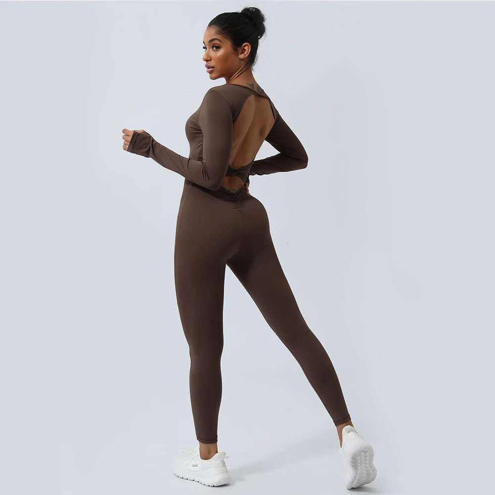 Women Fiess Jumpsuit Backless Long Sleeve Tights Yoga Running Training With Padded Sport Set