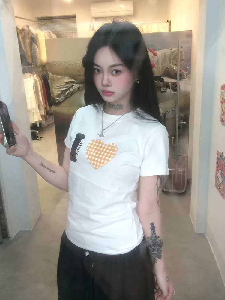 Summer Love Pattern Print Tshirt Women Short Sleeve Casual Y2k Vintage Tops Streetwear T Shirt American Fashion Tee 250513