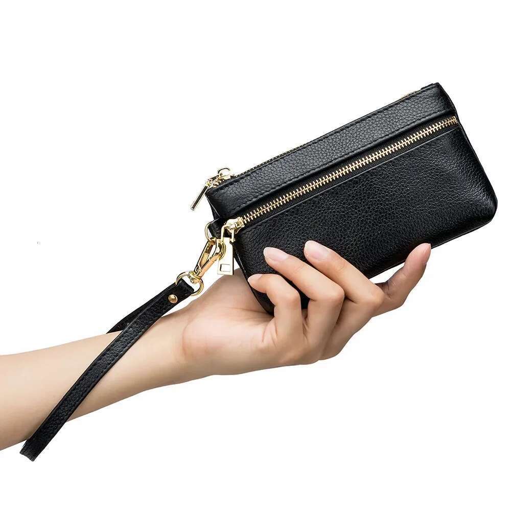 Women's Wallets Ladies Small Genuine Leather Zipper Purses Large Capacity Cowhide Money Bag With Wrist Strap Coin Card Holders