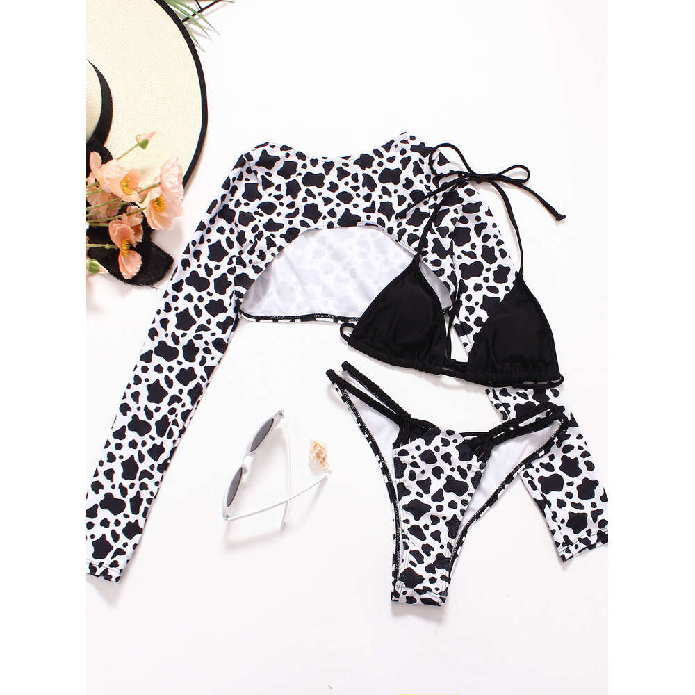 New sexy bikini woven rope leopard print printed triangle bag three piece set long sleeved swimsuit 2025 new casual versatile fashion clothing