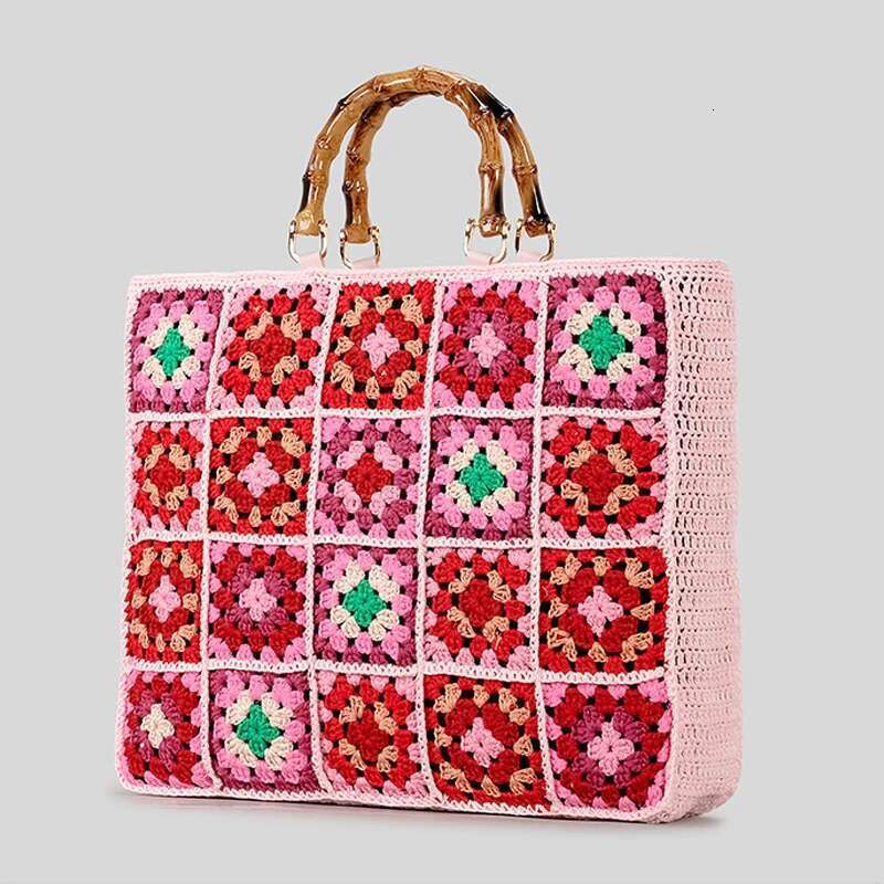 Fashion Granny Square Weave Women Handbags Behemian Knitting Bamboo Handle Large Tote Bag Candy Color Big Female Shopper Purses