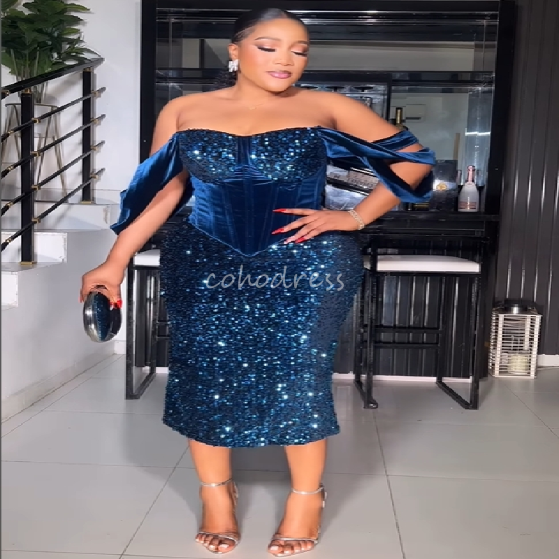 Sparkly Black Girls Prom Dress With Sequin Plus Size Aso Ebi African-inspired Evening Dress Tea Length Formal Birthday Graduation Homecoming Dress 202