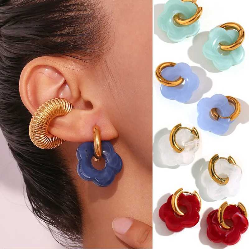 Colorful Flower Resin Acrylic Charms Earring Gold Color Circle Ear Buckle Hoop Earrings Fashion Jewelry for Women Y250510
