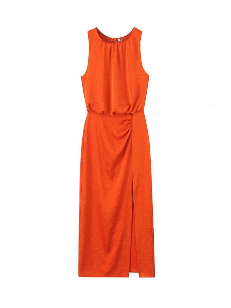 TFMLN Women Draped Long Dresses Summer Sleeveless Hem Slit Midi Female Vintage Casual Pleated Beach Dress 250513