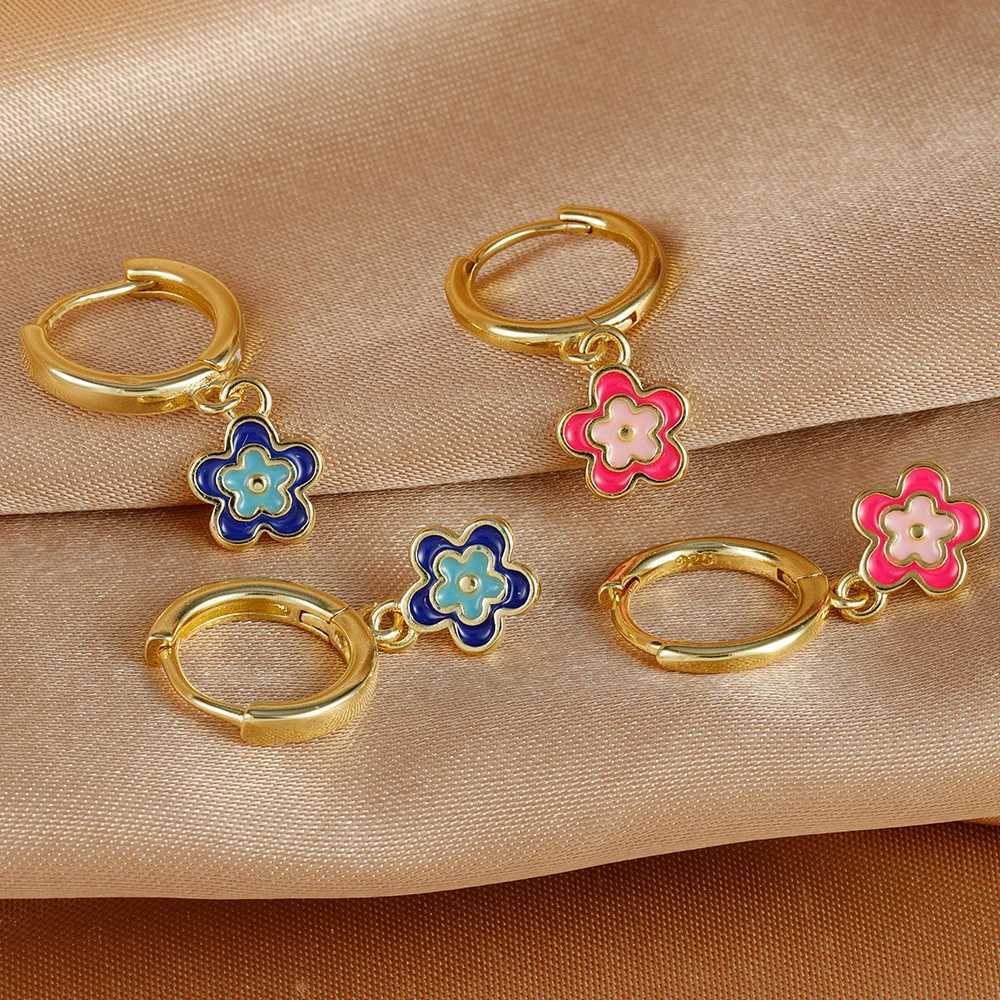 2PCS Stainless Steel Hoop Earrings for Women Girls Colorful Enamel Flowers Pendant Small Huggie Earring Piercing Jewelry Aretes Y250510