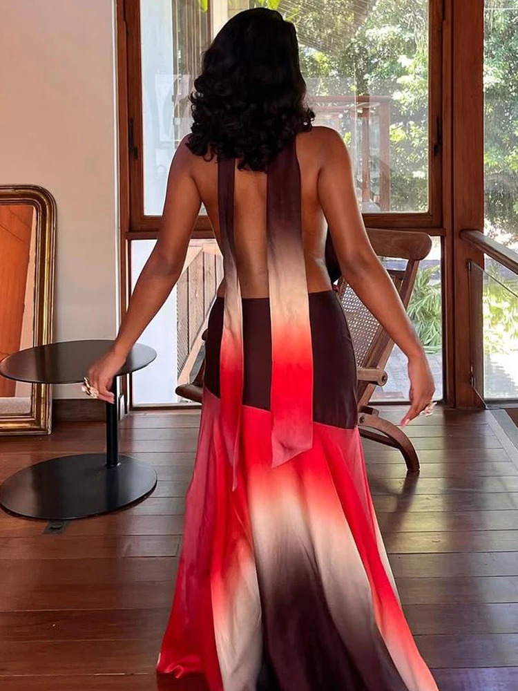 Sisterlinda Summer Release Junior Fashion Leisure Sexy High Street Long Dress K25D66166 Girl Printing Halter Slim Backless Robe 250513