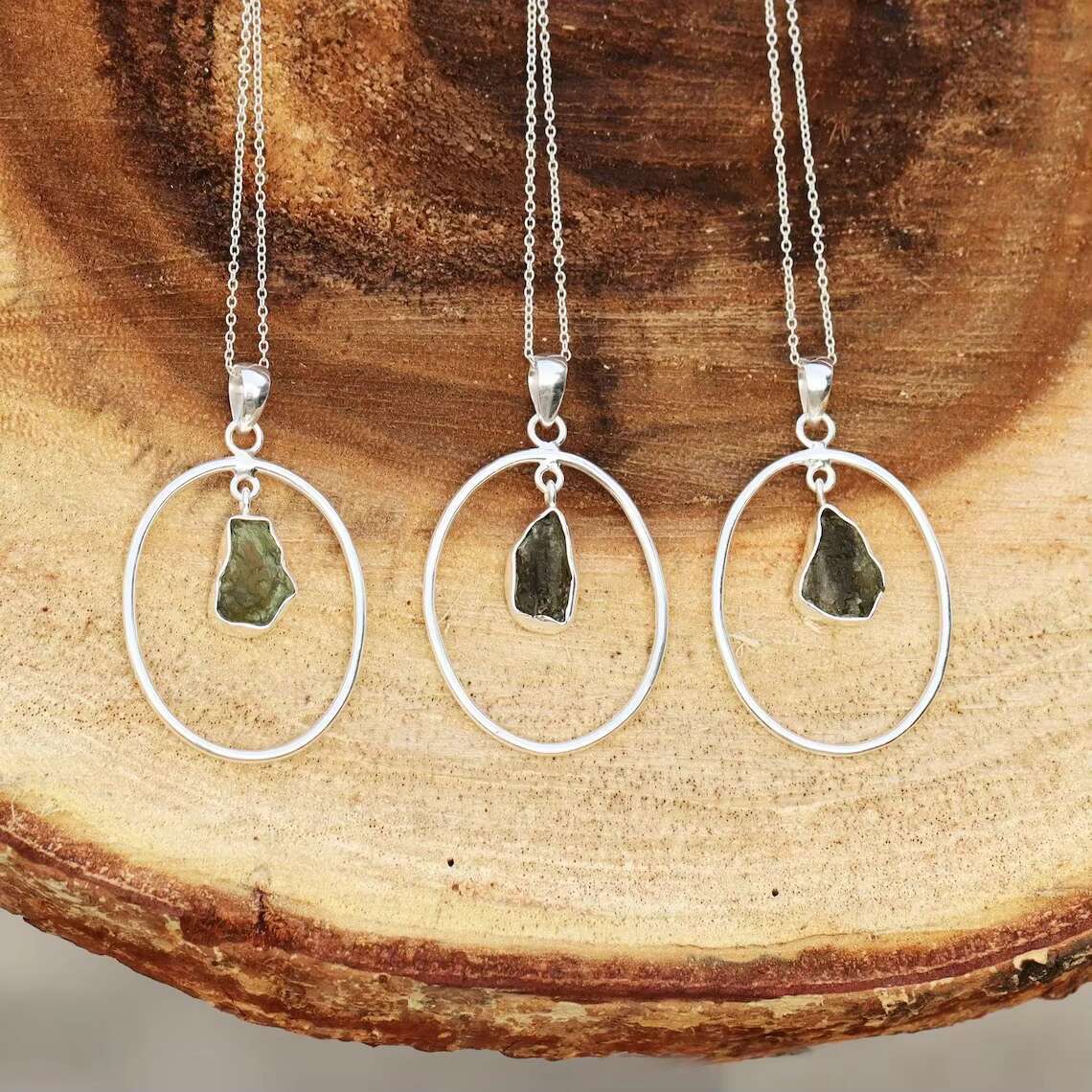 Advanced Series Natural Born Free Form Moldavit Sier Plated Collar Inlaid Pendant Chain Necklace