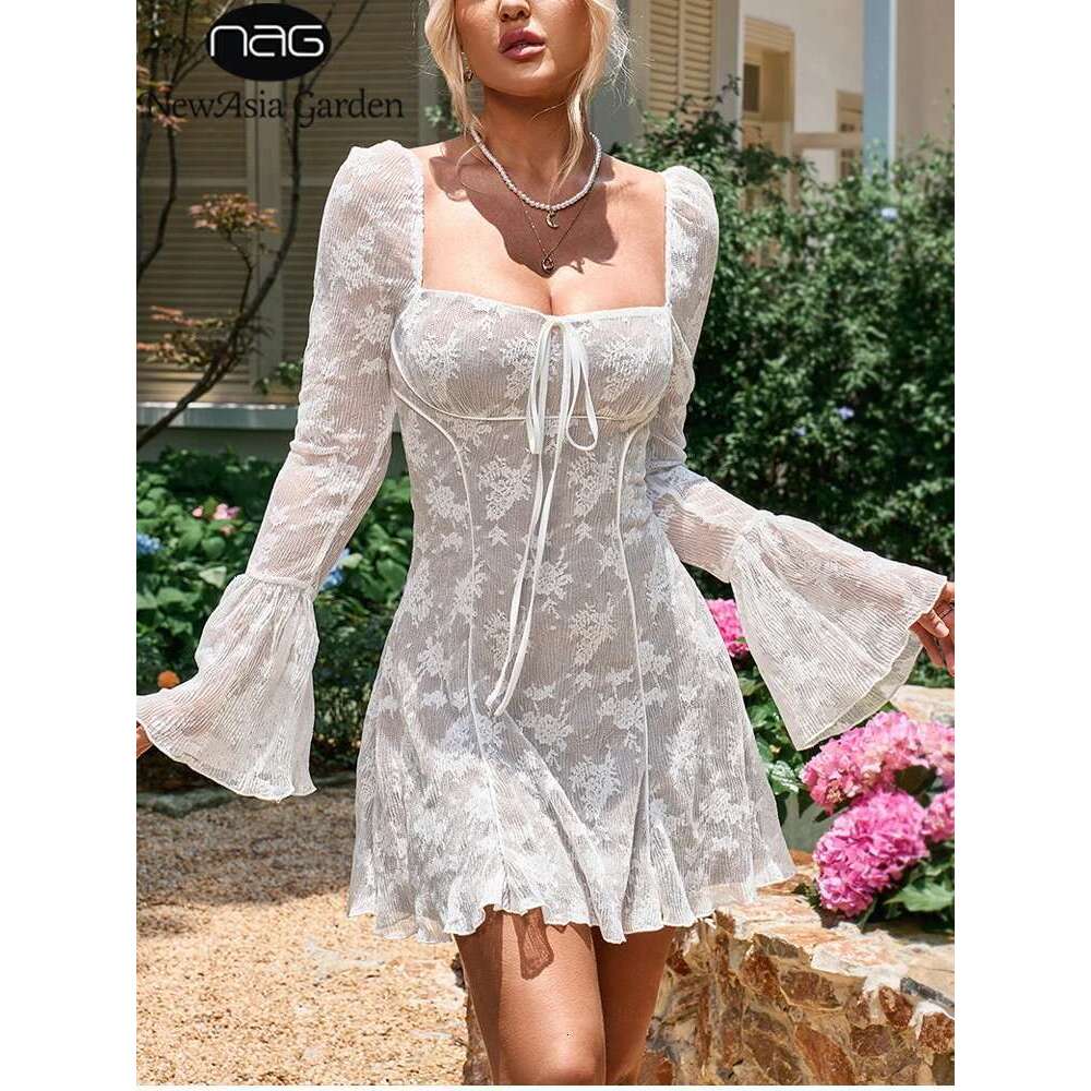 NewAsia Women's Bell Sleeve Square Neck Lace Mini Dress Backless Tie Up Autumn Fashion Holiday Party Short Dresses White