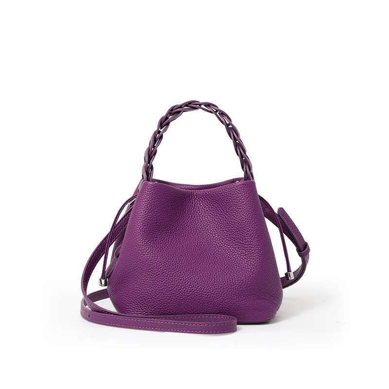 elegant hand carried Genuine leather single shoulder crossbody first-layer cowhide bucket bag for commuting lychee pattern