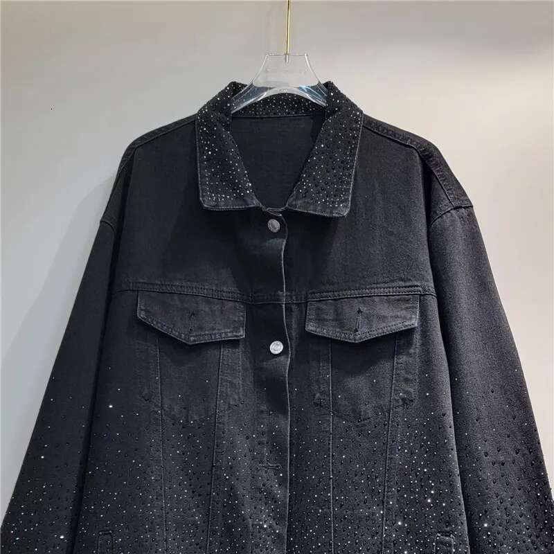 DEAT Women Denim Coat Turn-down Collar Full Dias Hot Rhinestone Black Loose Single Breasted Jackets 2025 Summer New Fashion