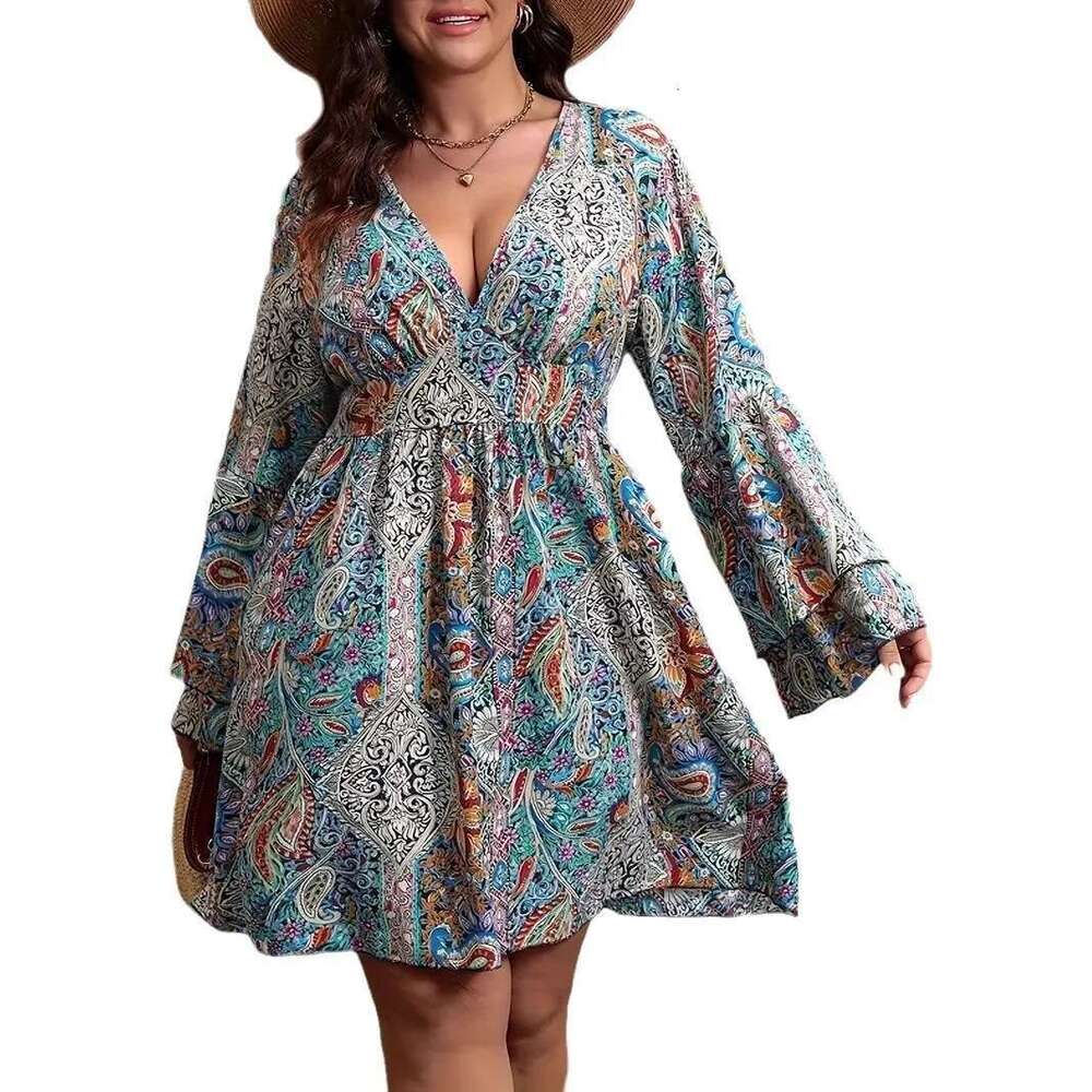 Plus Size V Neck Women Long Flare Sleeves Robe Bohemian Paisley Print A-line Dress Autumn Fall Female Elegant Clothing