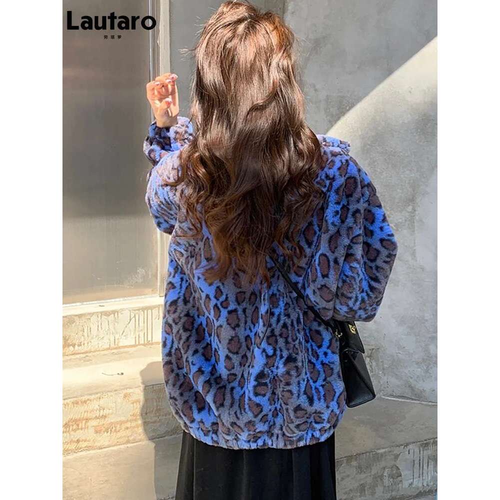 Lautaro Winter Oversized Colorful Leopard Print Faux Fur Coat Women Long Sleeve Zip Up Warm Soft Fluffy Jacket Korean Fashion Designer Designer