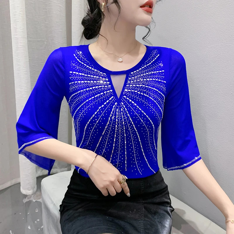 Spring Summer Mesh Tops Korean Fashion Diamond T Shirt Slim 34 Sleeve Hollow Out Casual Women 250513