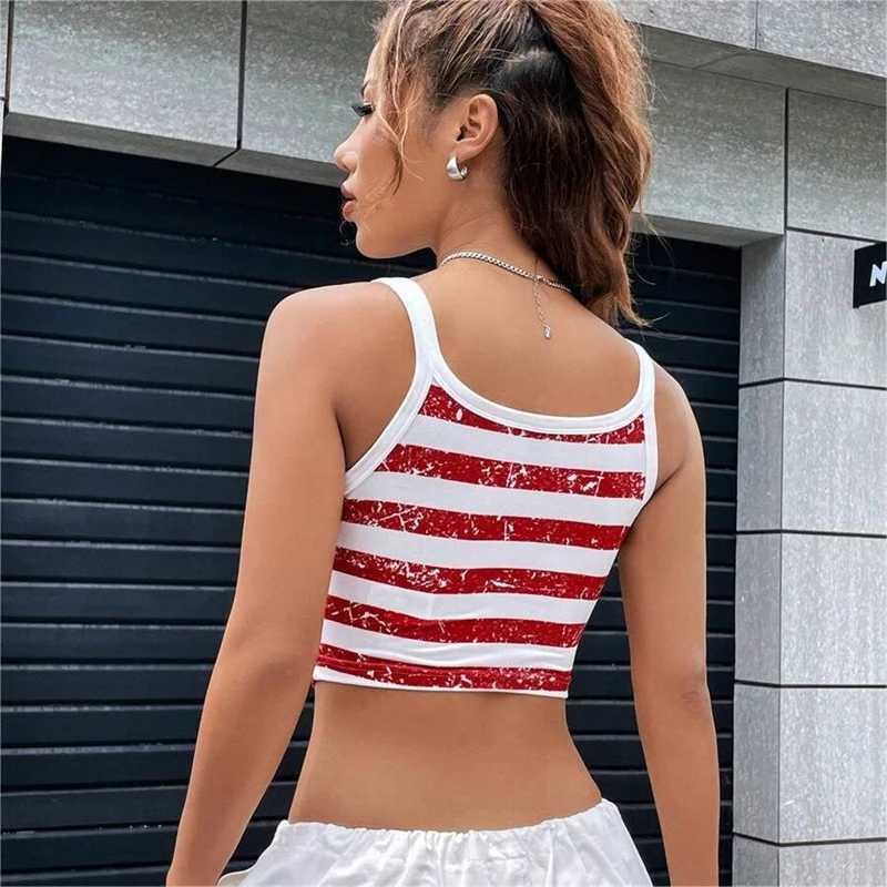 Gothic Punk New USA Flag Crop Top Sexy Backless Tank Slim Womens Mini Vest Summer Y2k Clothes Short White Camisole E-girls M250513