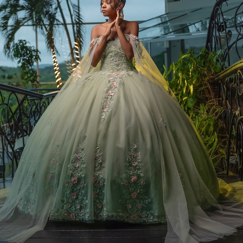 Sage Green Shiny Quinceanera Dresses Off Shoulder Ball Gown Sweet 16 Dress Beading Applique Flower Tull Birthday Party Vestidos 15 Anos