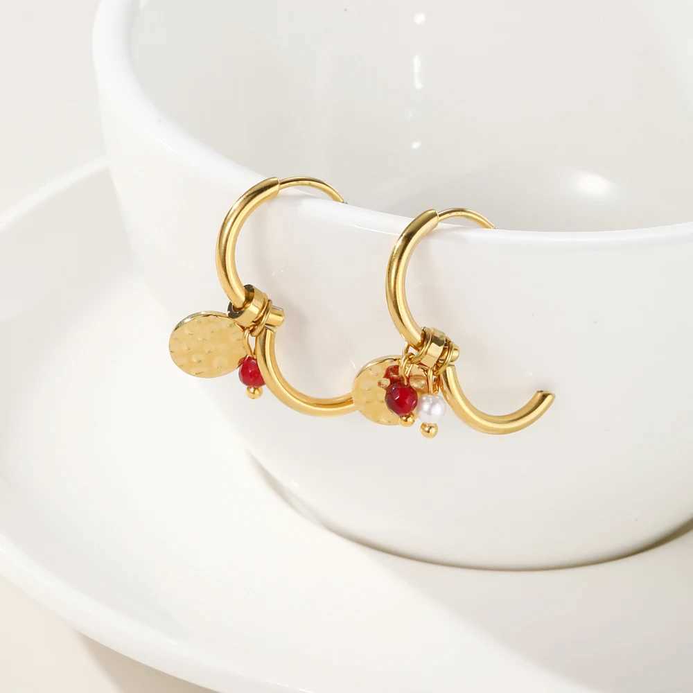 YACHAN 18K Gold Plated Stainless Steel Hoop Earrings for Women Tap Texture Metal Pearl Charms Earring Trendy Jewelry Gift Y250510