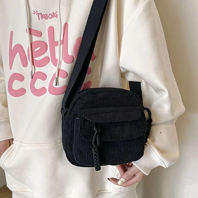 Vintage Haruku Corduroy Crossbody Bag, Casual Japanese Style Handbag Shoulder Bag With Zipper Closure,Chic Everyday Use Purse