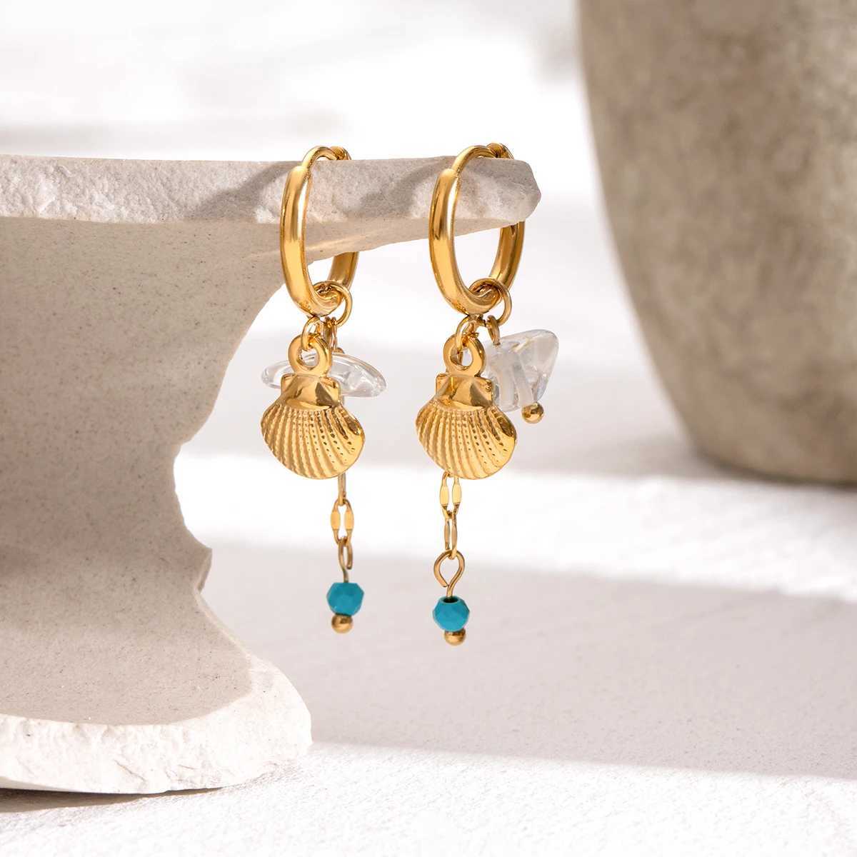 Natural Stone Shell Buckle Hoop Earrings Stainless Steel Metal 18K PVD Gold Plated Women Prevent Allergy Delicate Jewelry Y250510