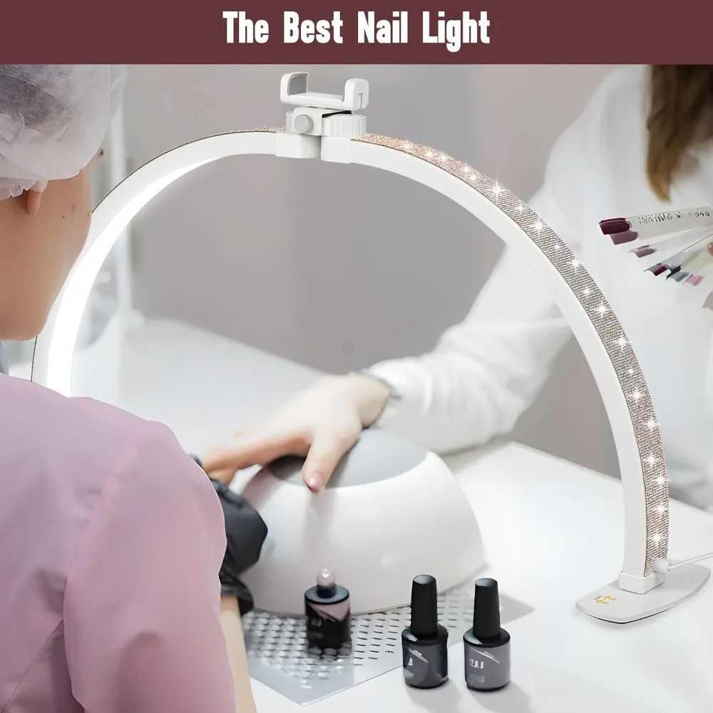 Half Moon Light for Nail Desk with Phone Holder 28IN Folding Half-moon Light with Shinning Diamond LED Lamp for Nail Art W250513