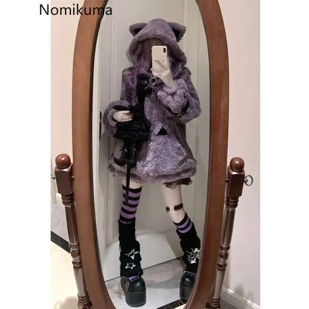 Japanese Women Clothes Furry Cat Ear Hooded Coat 2025 Ropa Mujer Thicked Warm Outwear Y2k Tops Casual Fashion Oversized Jackets Designer
