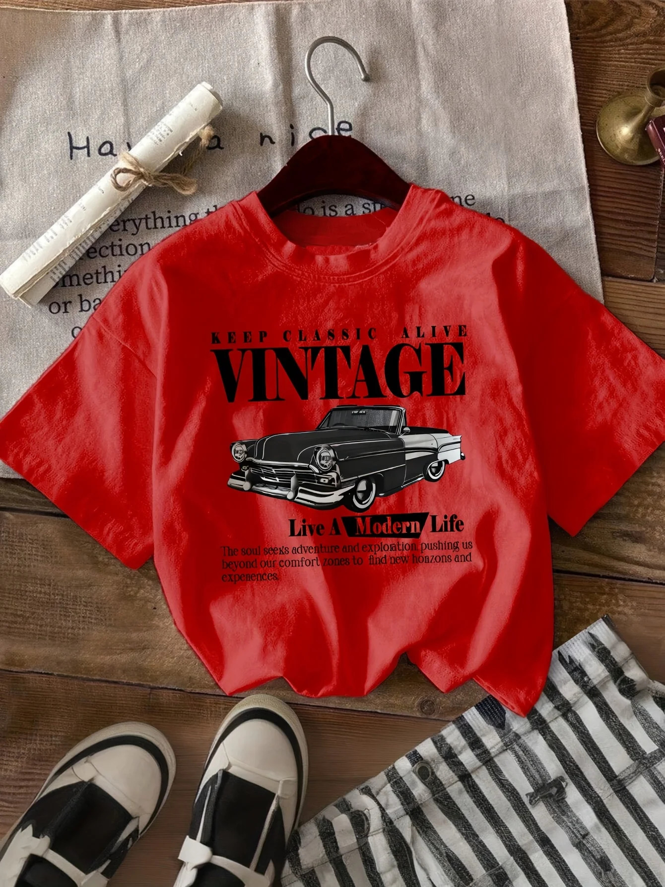 Vintage Car Print TShirt Medium Stretch Knit Fabric Casual Sports Style SpringSummer Top y2k top women clothing 250513