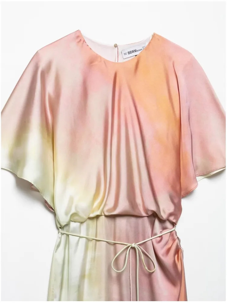 HipSeam Women Tie Dye Long Dress With Belt Spring Printed Short Sleeve O Neck Dresses Elegant Chic Party 250513
