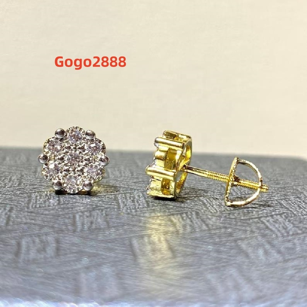 Hip Hop Earrings Mens Iced Out 14K Gold Plated Flower Earrings Screw Back Cluster Moissanite Earrings