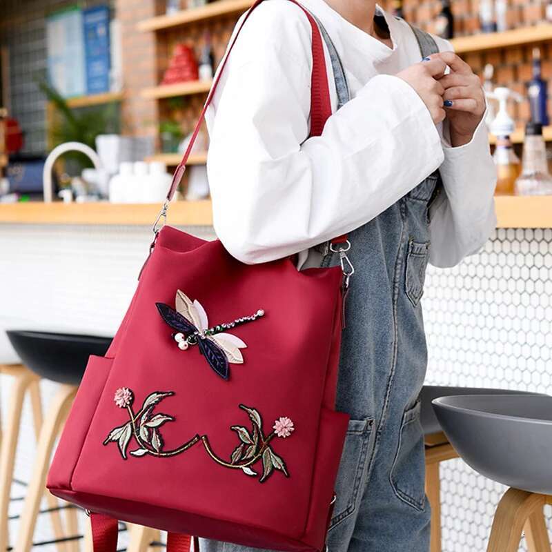 Simple Embroidery Backpack Shoulder Bags For Women Waterproof Oxford Travel Knapsack Large Capacity Student Laptop Rucksack