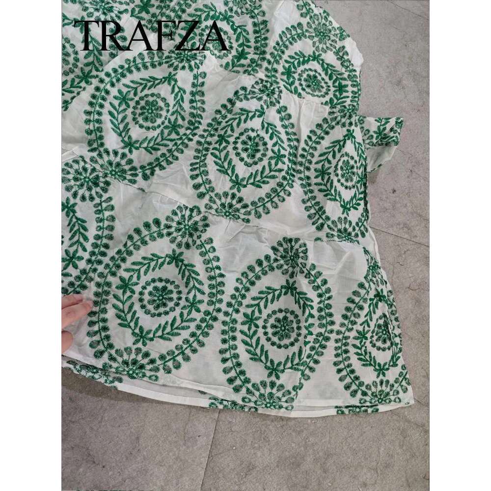 TRAFZA Woman Summer Long Dresses Green Embroidery Sleeveless Sexy Backless Dress Female Beach Style For Holiady Vestidos
