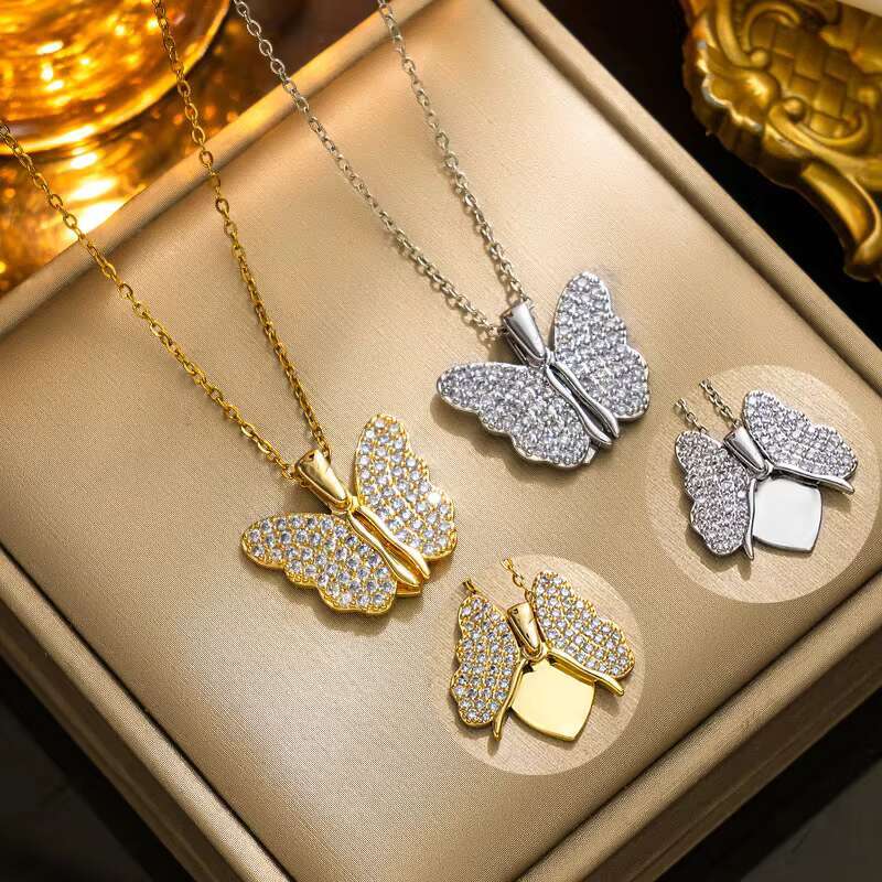 Fashionable Crystal Zircon Love Butterfly Opening Jewelry Pendant Necklace Chain High Quality Personalized Design for Women