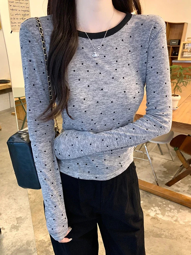Thin Polka Dot Long Sleeve T Shirt For Women Clothing Autumn O Neck Top Woman Tshirts Casual Tee Femme Ropa Para Mujer 250513