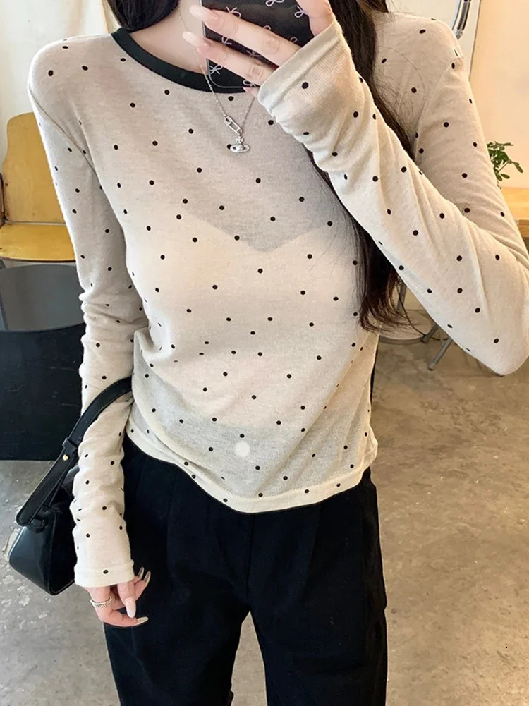Thin Polka Dot Long Sleeve T Shirt For Women Clothing Autumn O Neck Top Woman Tshirts Casual Tee Femme Ropa Para Mujer 250513