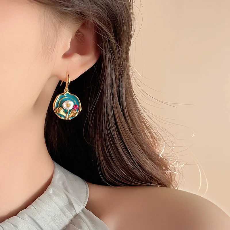 Vintage Oil Painting Style Flower Earrings Fashion Imitations Pearl Geometric Drop Earrings High-End Wedding Jewelry Accessories Y250510