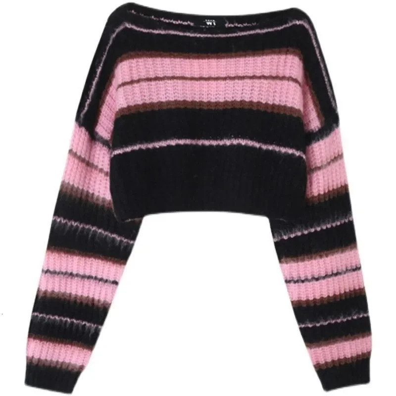 Y2K Korean style pink cut sweater for womens striped skydiving retro autumn long sleeved collar pullover top 250506