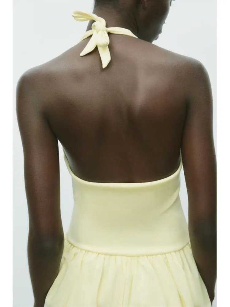 TRAF Halter Short Dress for Women Summer Sexy Backless Patchwork Pleated Womens Dresses Female Chic 250513