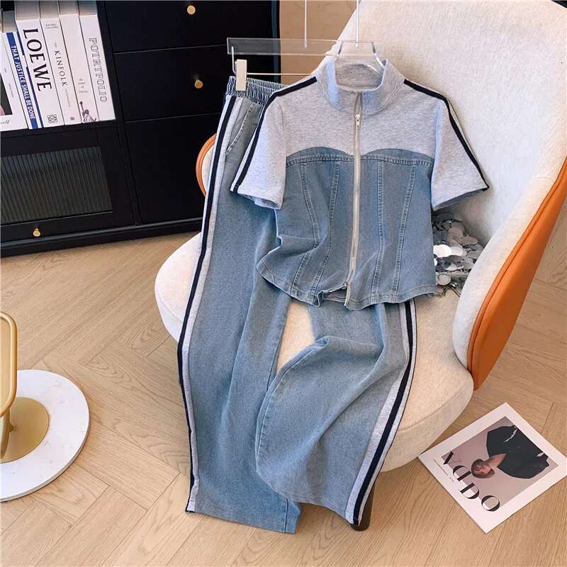 Summer New ed Zipper T-shirt top Female Elegant Women's Jeans Casual Blouse Two Piece Set Ladies Tracksuits big