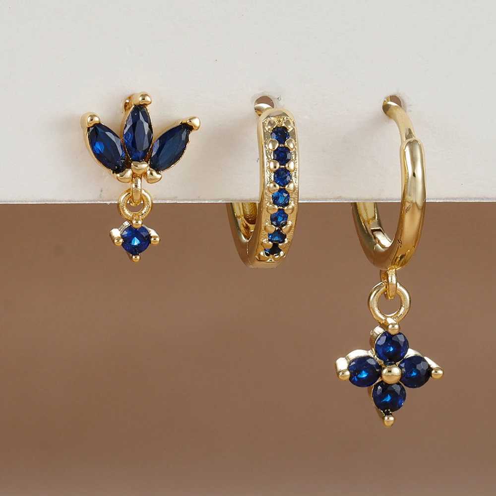 3PCS Fashion Orange Blue Zircon Hanging Earrings Set for Women Stainless Steel Flower Dangle Earring Piercing Jewelry Y250510