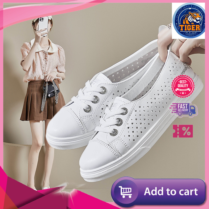 Ddmytiger Shallow Mouth White For Women In Spring And Summer Thin Breathable Lace Up Thick Soled Hollowed Out Leather Low Cut Casual Board Shoes Outdo