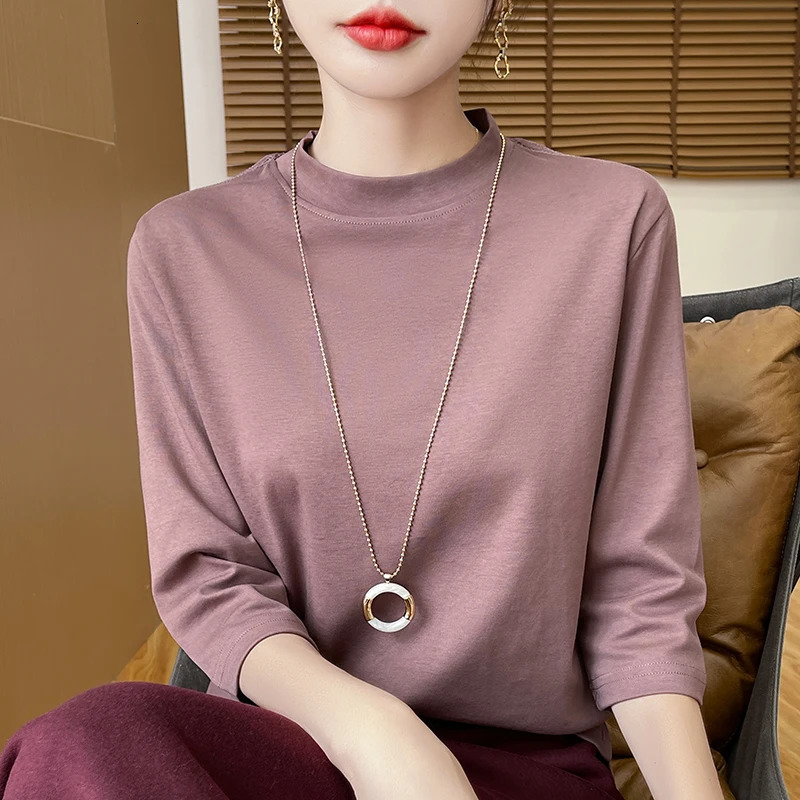 Summer And Autumn 100% Cotton Tshirt Womens SemiHighNecked Cropped Sleeves Loose Solid Color Bottoming Top 250513