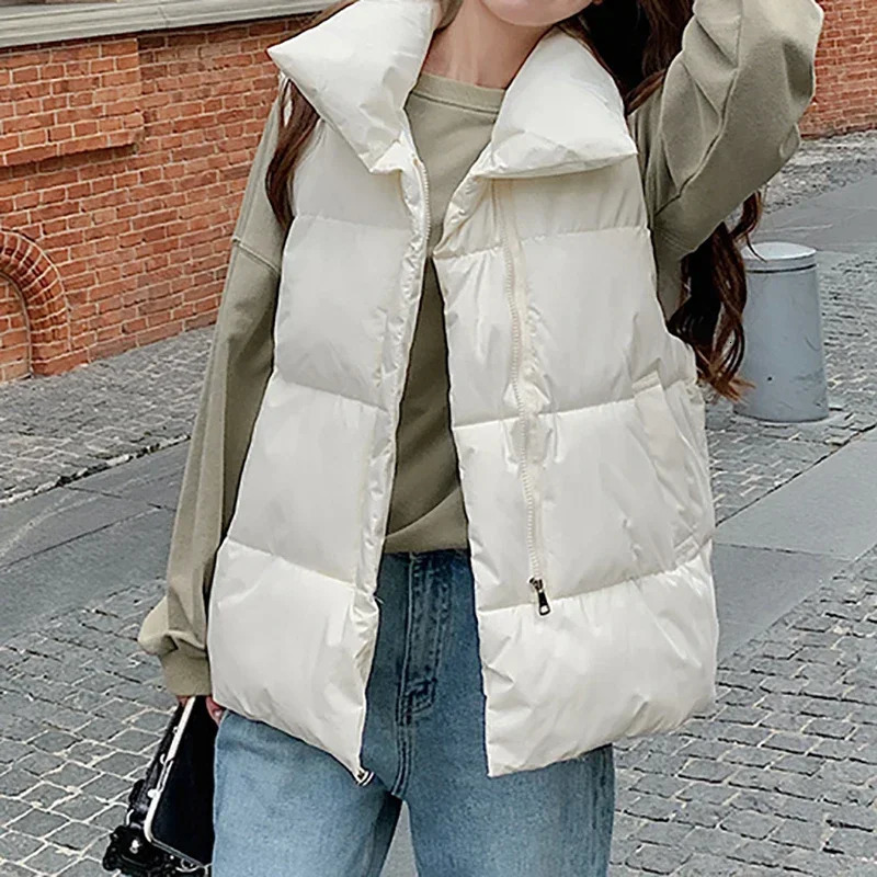 Women Casual Puffer Jackets Zipper Thicken Warm Jacket Mock Neck Pocket Solid Thermal Coat Vest For 2023 Fall Winter 250506