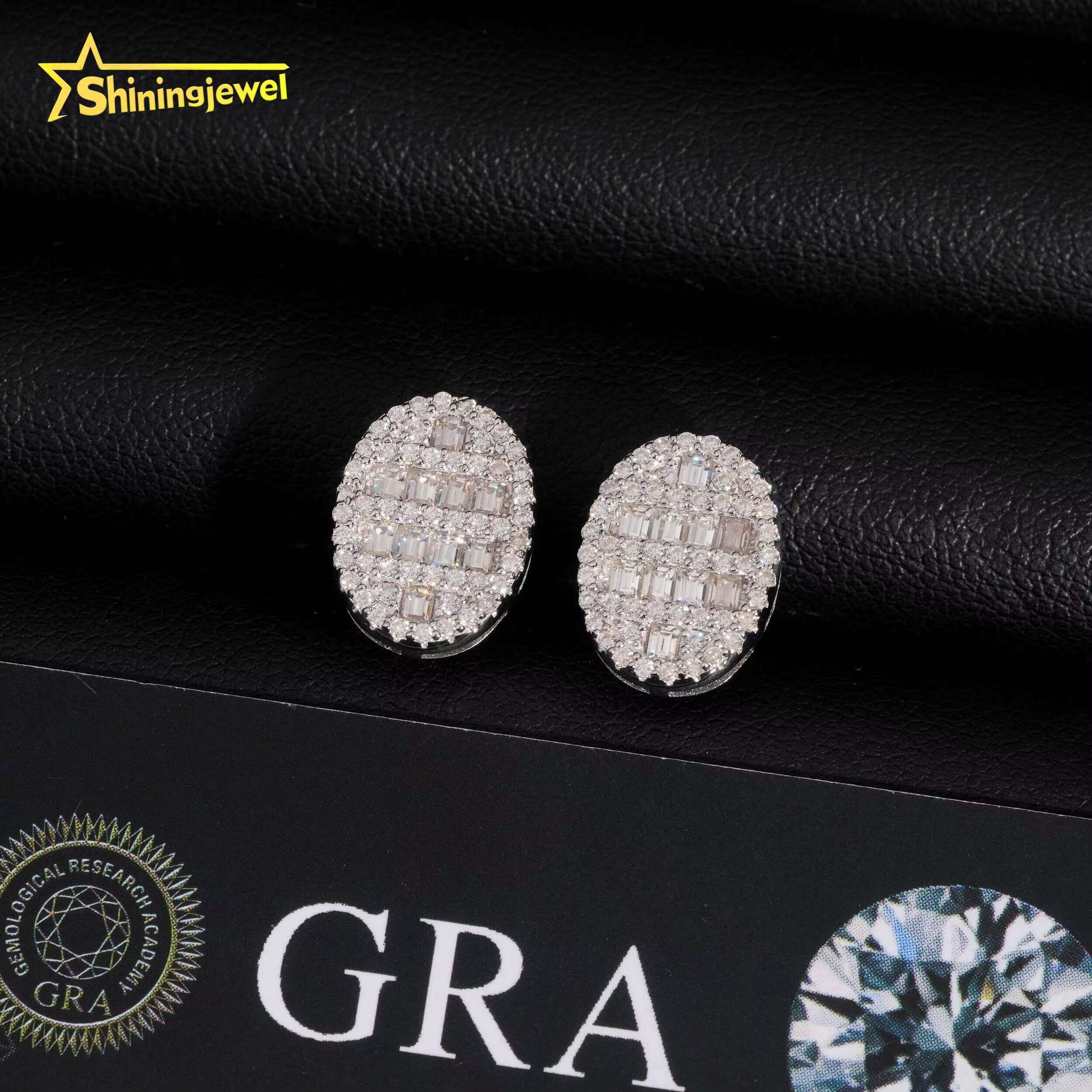 Baguette Cut Iced Out Moissanite Earrings 925 Sterling Silver Hip Hop Ear Rings with Diamonds for Men Women Oval Stud Earrings