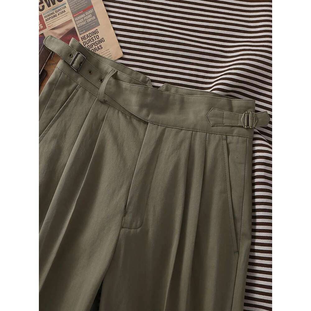 Pot&Craftsman Homemade Triple Silhouette Men's Loose Straight Paris Button Adjustable Casual Pants Herringbone Pattern