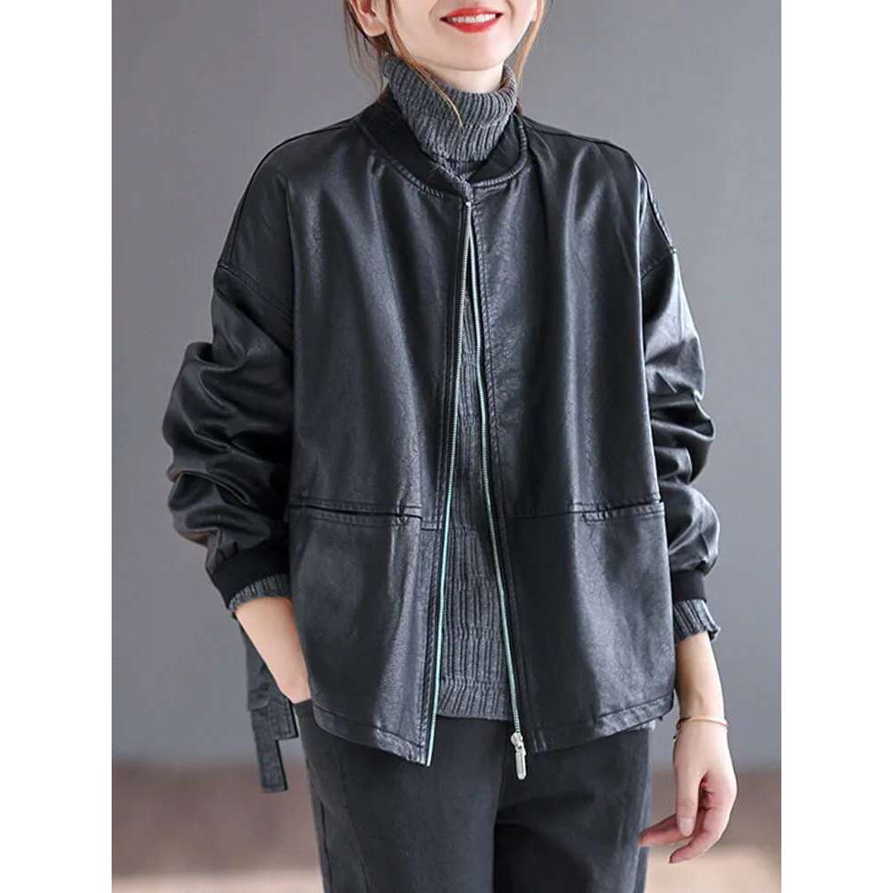Amax luluE 2024 Autumn Fashion Biker Clothes Womens Loose Vintage Faux Leather Jackets Punk Pu Coats Black Big Outerwear
