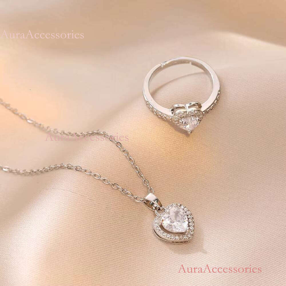 Fine Jewelry Set Sier Solid Pink Heart Pendant Necklace and Earrings for Parties