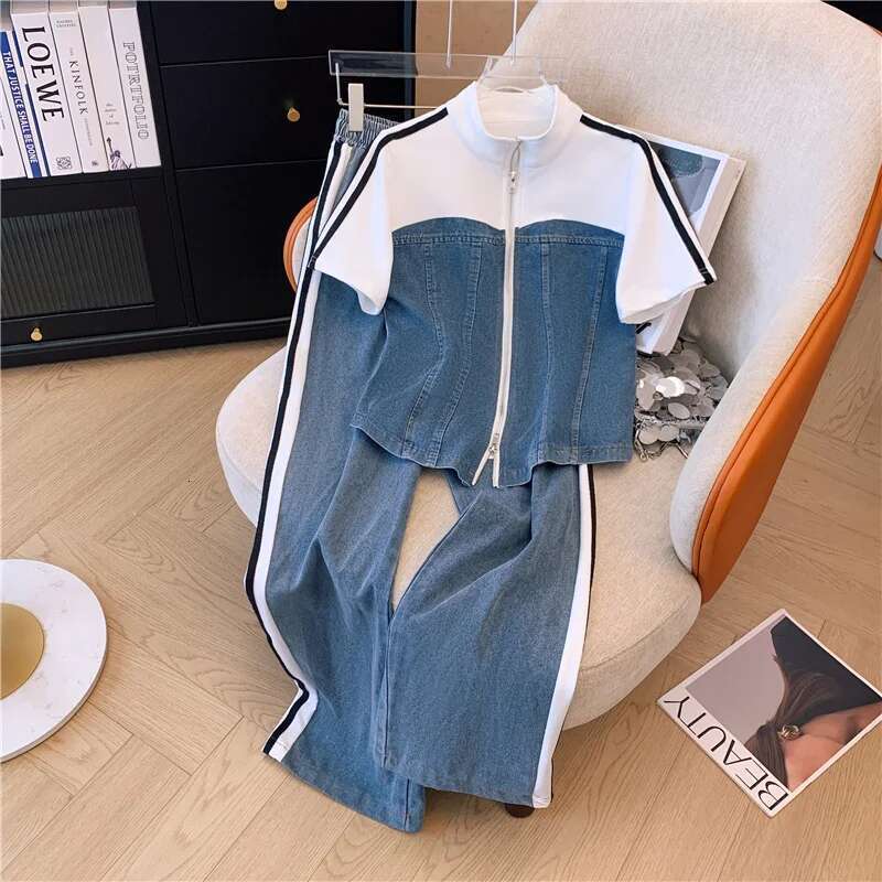 Summer New ed Zipper T-shirt top Female Elegant Women's Jeans Casual Blouse Two Piece Set Ladies Tracksuits big