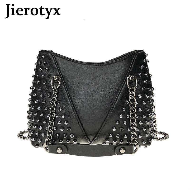 JIEROTYX Studded Shoulder Women Leather Punk Style Rock Rivet Crossbody Bag Handbag With Chain Wallet Purse For Girls